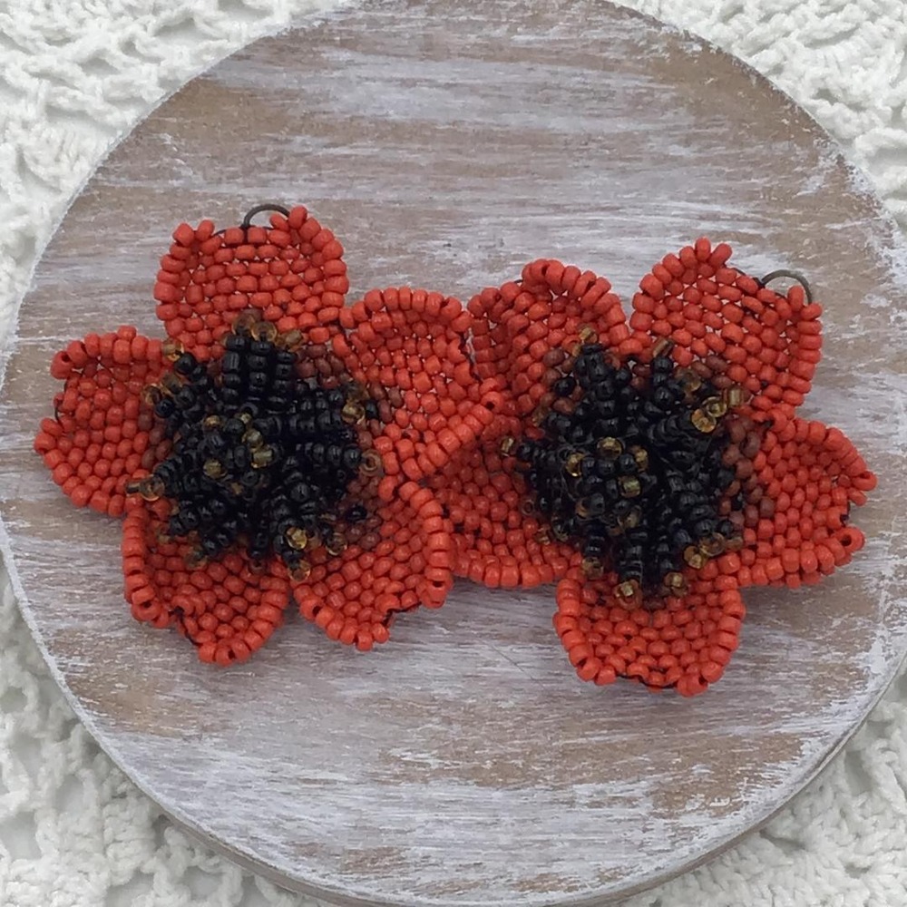 Handmade Red Poppy Seed Bead Earrings Flower Power Bold Boho Statement Festival